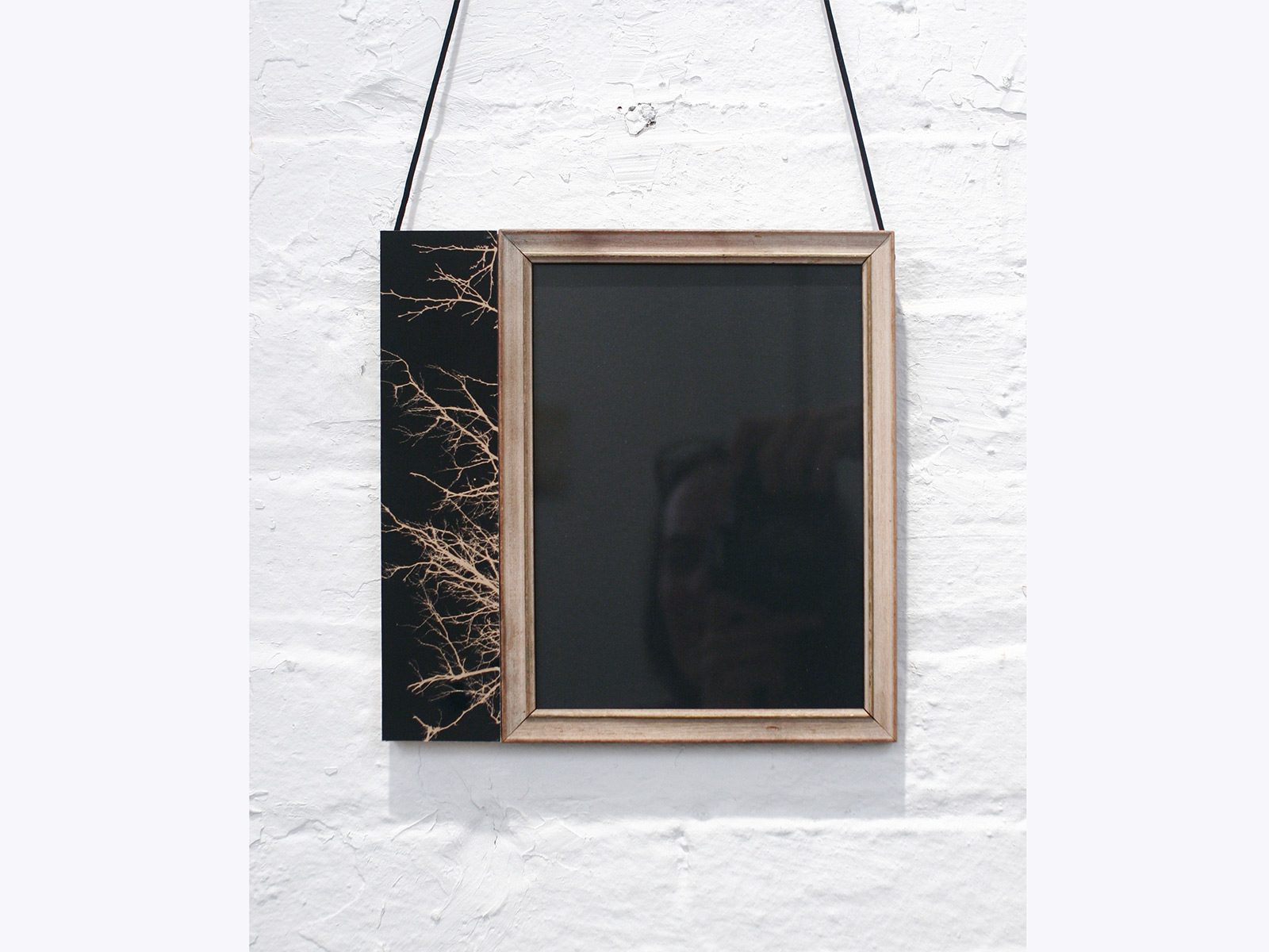 Premonition. Flashe, gouache, archival pigment print, frame, wood, ribbon. 2014.